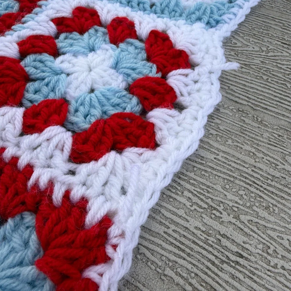 Handmade Crochet Granny Square Blanket Red White Blue Throw 39x33 Cottagecore